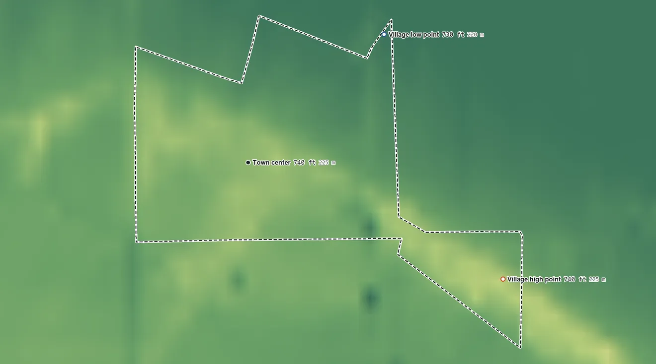 Topographic elevation map of New Bavaria, Ohio, shaded from 730 ft on the northeast side to 740 ft on the southeast side