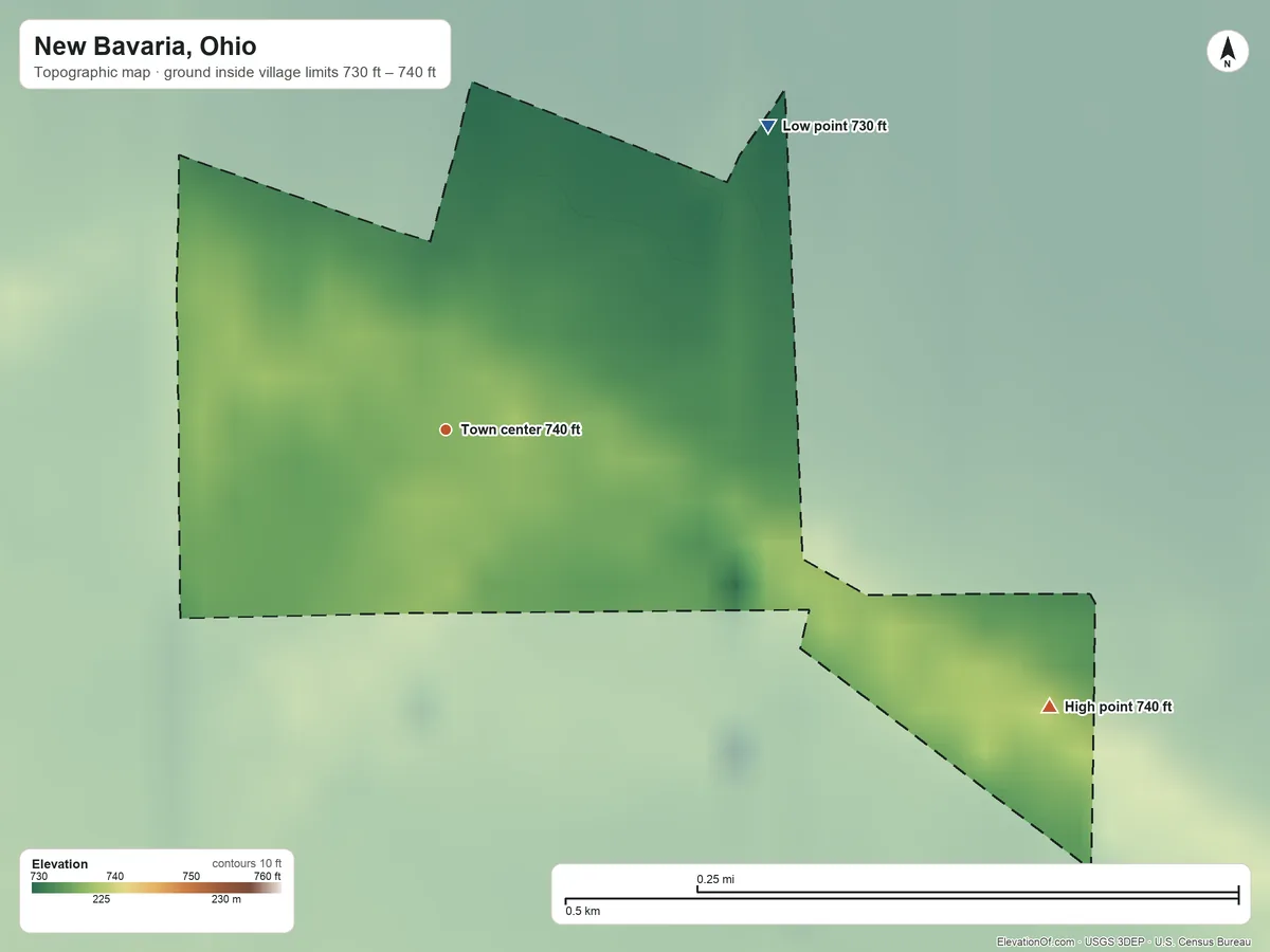 Topographic elevation map of New Bavaria, Ohio, shaded from 730 ft on the northeast side to 740 ft on the southeast side