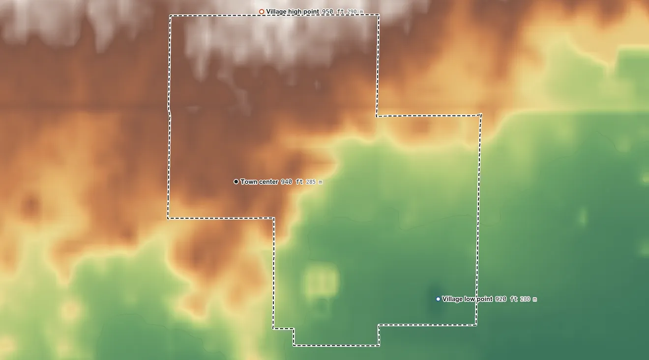 Topographic elevation map of New Bloomington, Ohio, shaded from 920 ft on the southeast side to 950 ft on the north side
