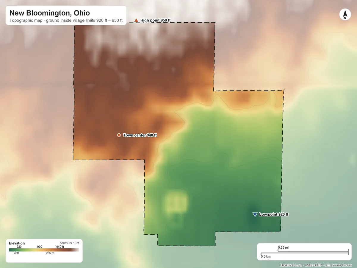 Topographic elevation map of New Bloomington, Ohio, shaded from 920 ft on the southeast side to 950 ft on the north side