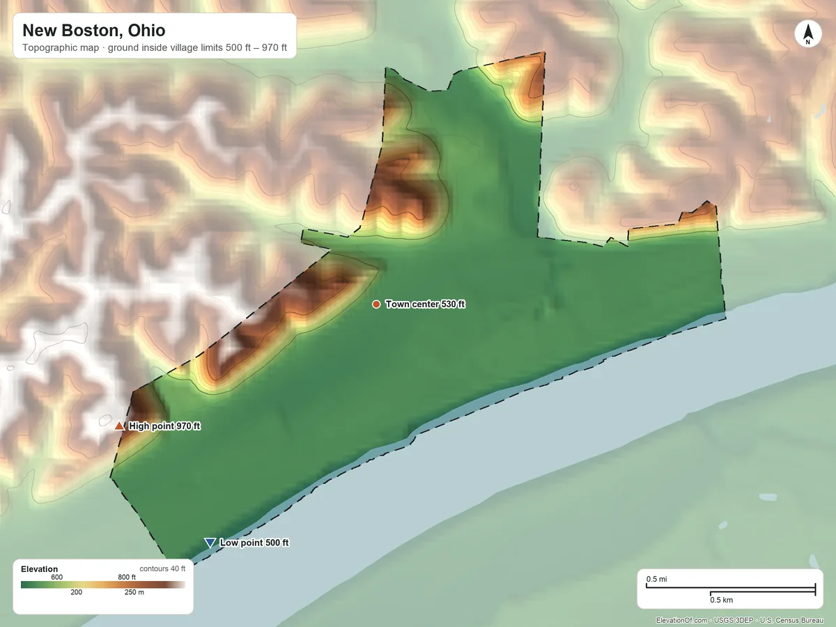Topographic elevation map of New Boston, Ohio, shaded from 500 ft on the southwest side to 970 ft on the southwest side