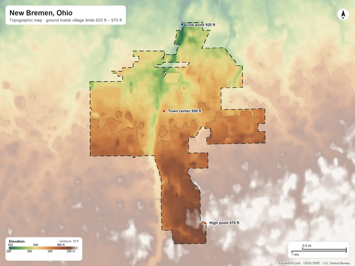 Topographic elevation map of New Bremen, Ohio, shaded from 920 ft on the north side to 970 ft on the south side
