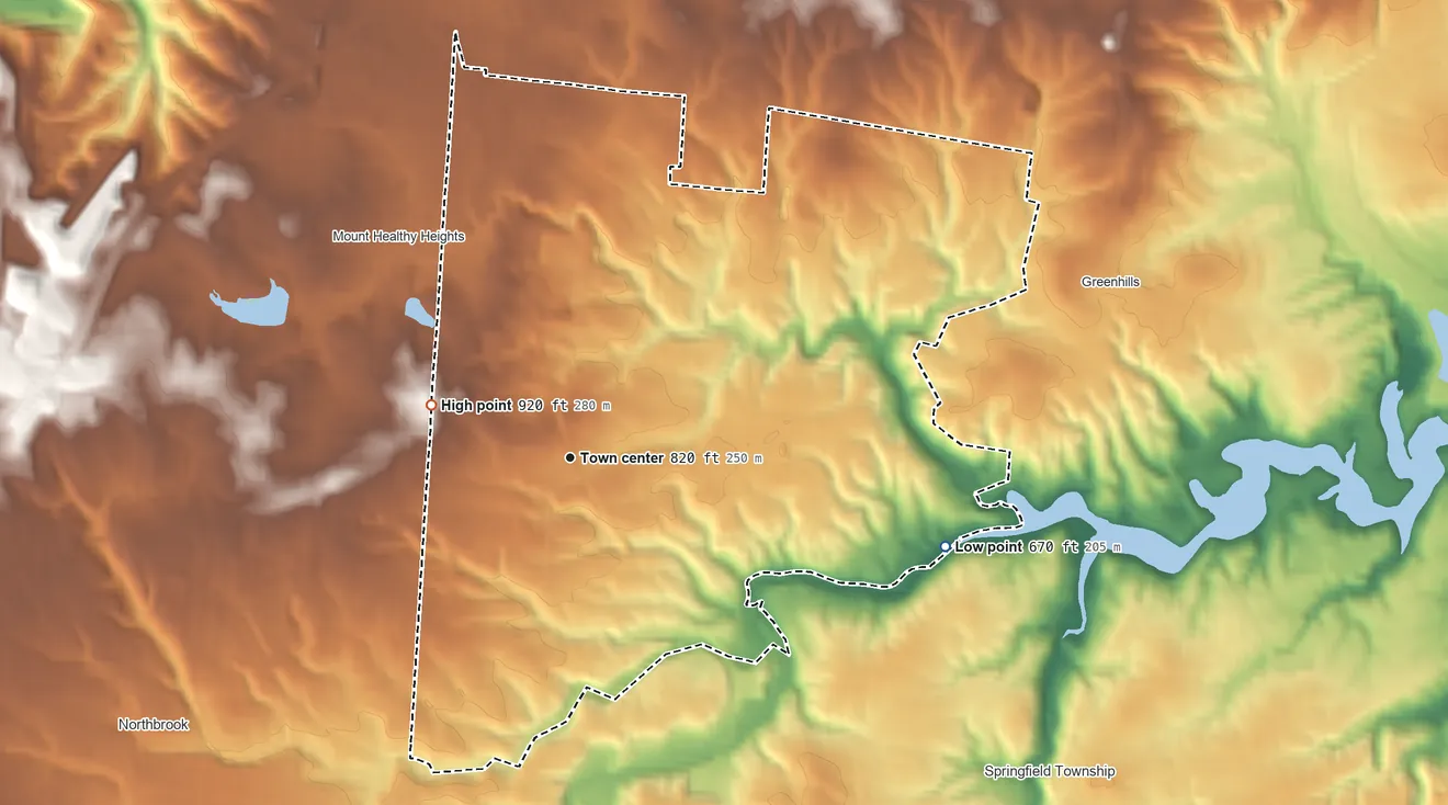 Topographic elevation map of New Burlington, Ohio, shaded from 670 ft on the east side to 920 ft on the west side