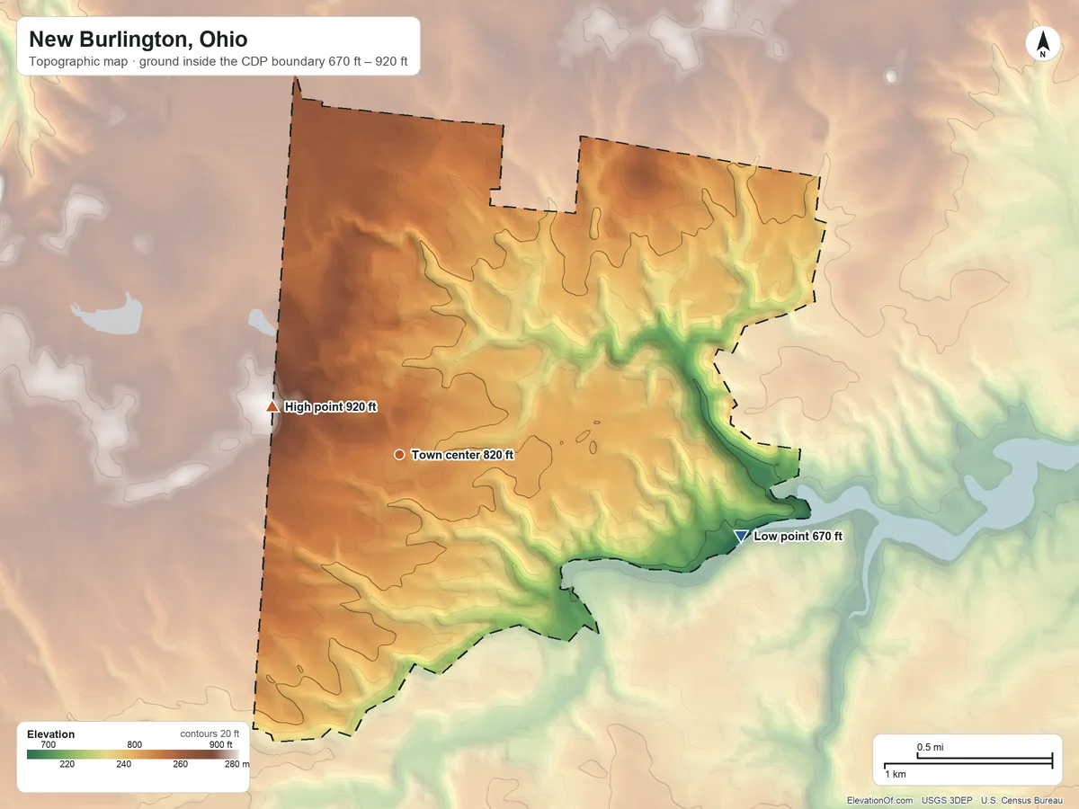 Topographic elevation map of New Burlington, Ohio, shaded from 670 ft on the east side to 920 ft on the west side
