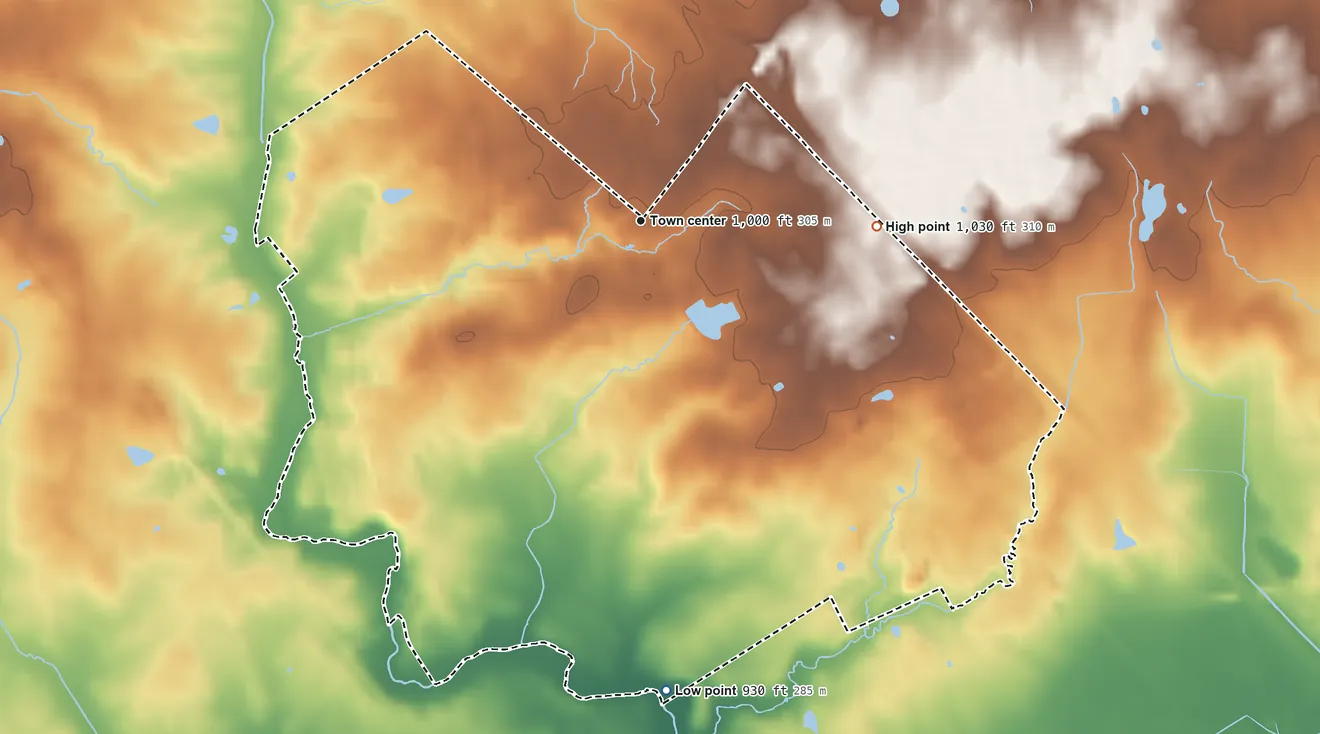 Topographic elevation map of New California, Ohio, shaded from 930 ft on the south side to 1,030 ft on the east side