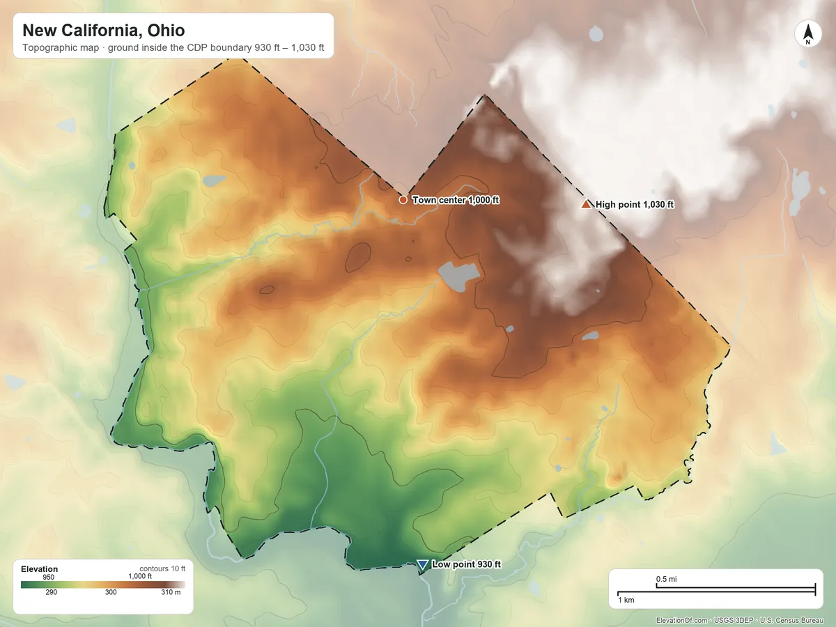 Topographic elevation map of New California, Ohio, shaded from 930 ft on the south side to 1,030 ft on the east side