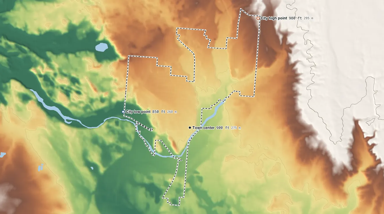 Topographic elevation map of New Carlisle, Ohio, shaded from 850 ft on the west side to 980 ft on the northeast side