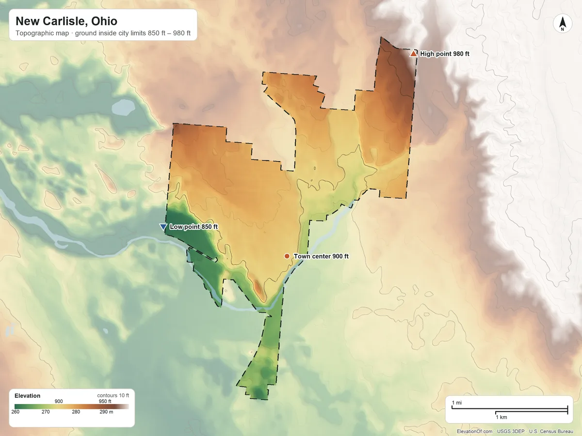 Topographic elevation map of New Carlisle, Ohio, shaded from 850 ft on the west side to 980 ft on the northeast side