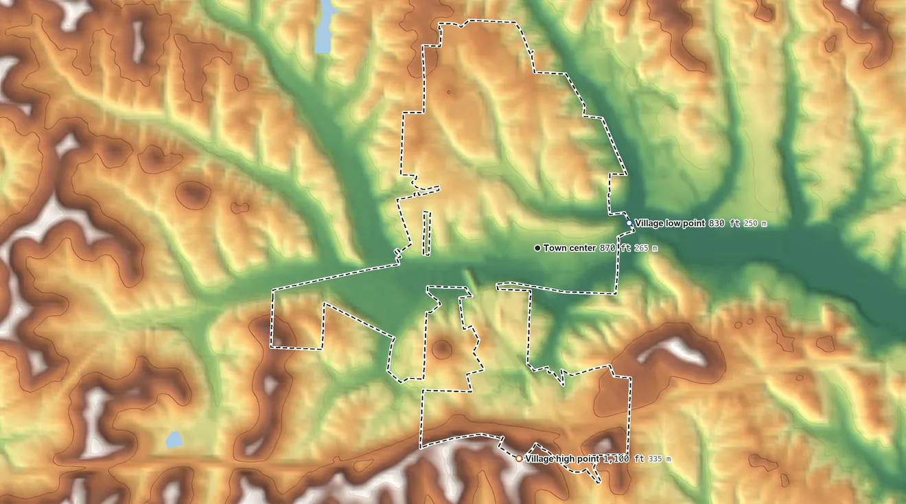 Topographic elevation map of New Concord, Ohio, shaded from 830 ft on the east side to 1,100 ft on the south side