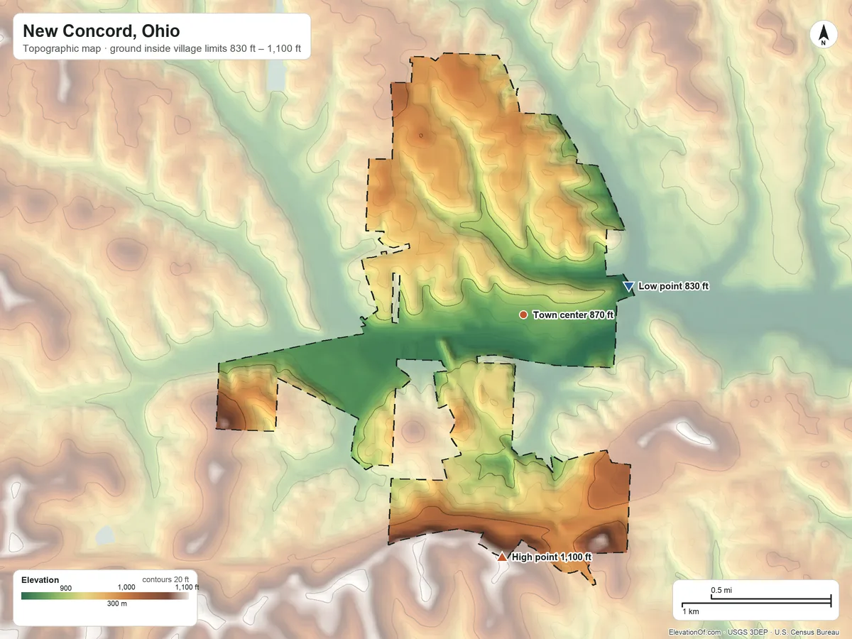 Topographic elevation map of New Concord, Ohio, shaded from 830 ft on the east side to 1,100 ft on the south side
