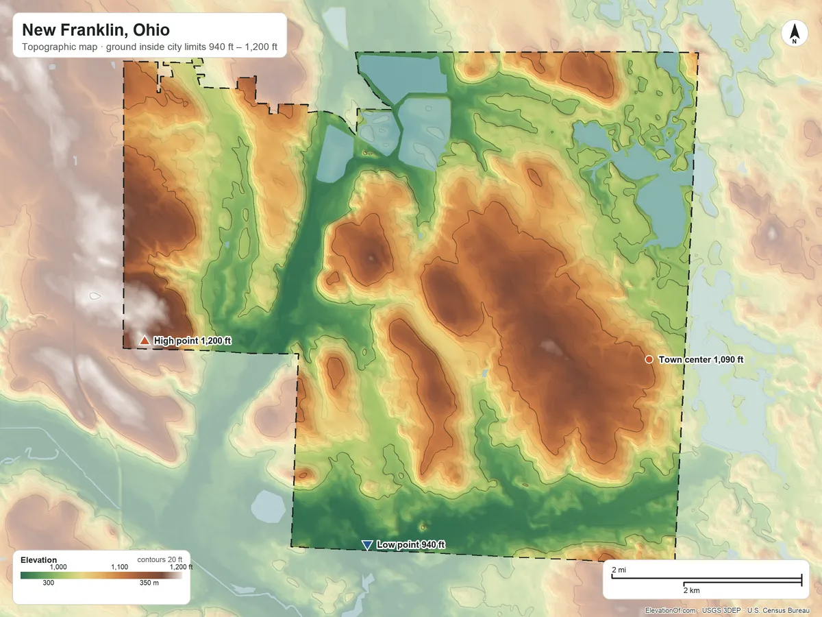 Topographic elevation map of New Franklin, Ohio, shaded from 940 ft on the southwest side to 1,200 ft on the west side
