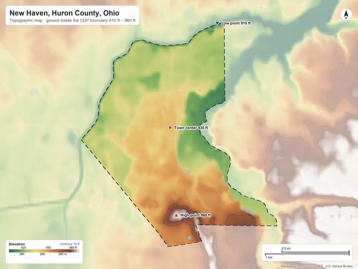 Topographic elevation map of New Haven, Huron County, Ohio, shaded from 910 ft on the northeast side to 960 ft on the south side
