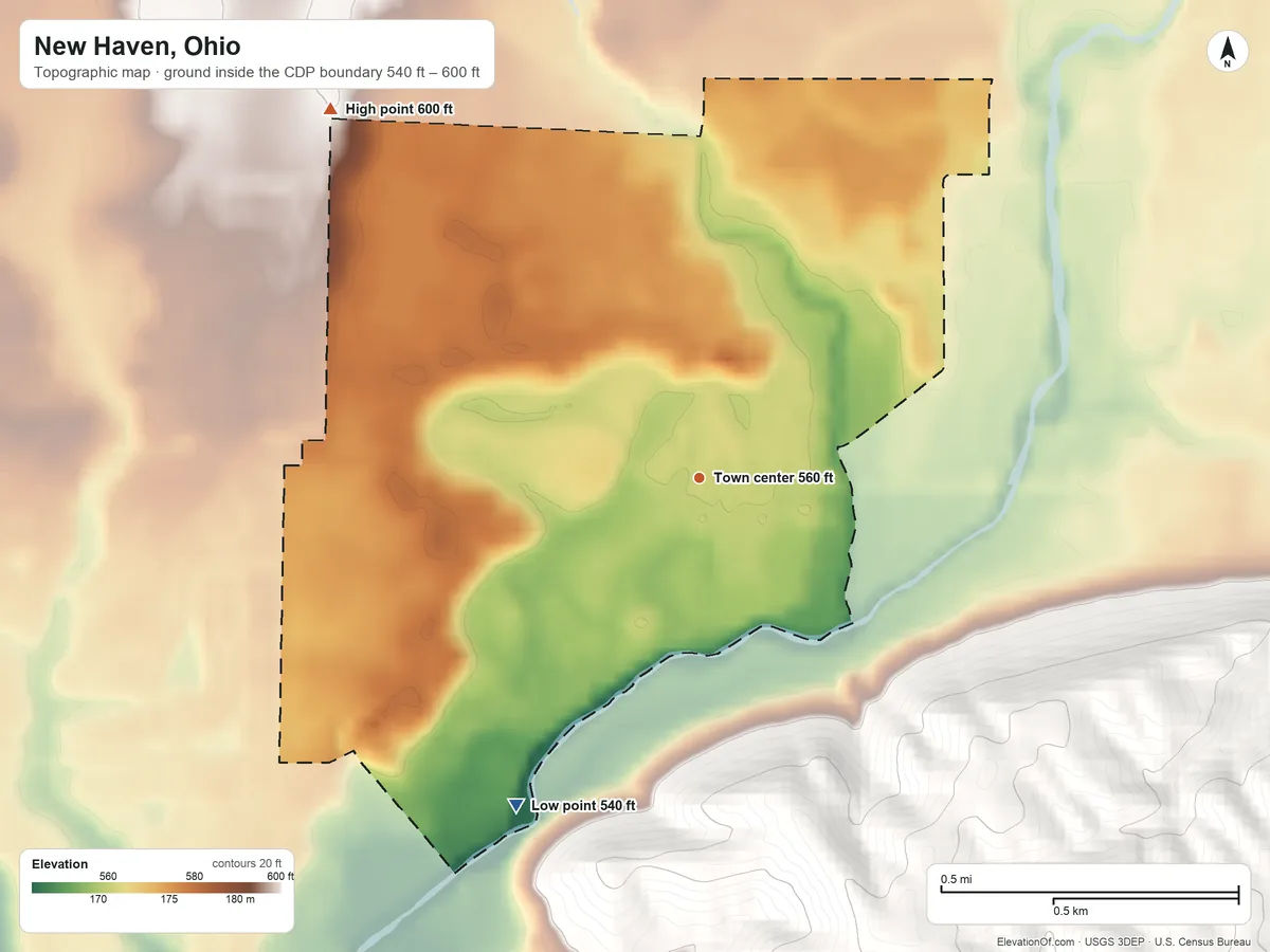 Topographic elevation map of New Haven, Ohio, shaded from 540 ft on the southwest side to 600 ft on the northwest side