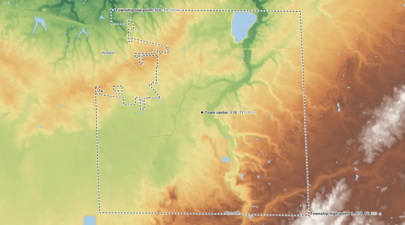 Topographic elevation map of New Haven Township, Ohio, shaded from 860 ft on the northwest side to 1,070 ft on the southeast side