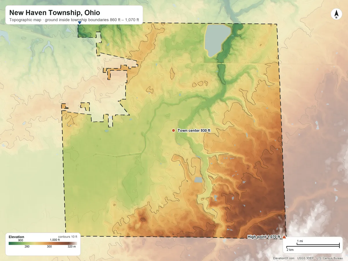 Topographic elevation map of New Haven Township, Ohio, shaded from 860 ft on the northwest side to 1,070 ft on the southeast side