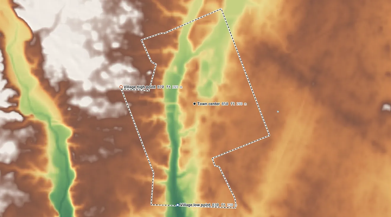 Topographic elevation map of New Holland, Ohio, shaded from 830 ft on the south side to 870 ft on the west side