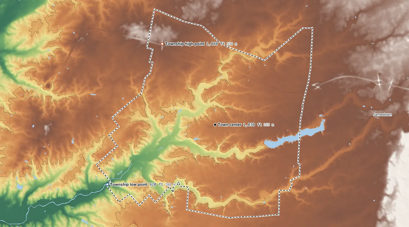 Topographic elevation map of New Jasper Township, Ohio, shaded from 920 ft on the southwest side to 1,080 ft on the northwest side