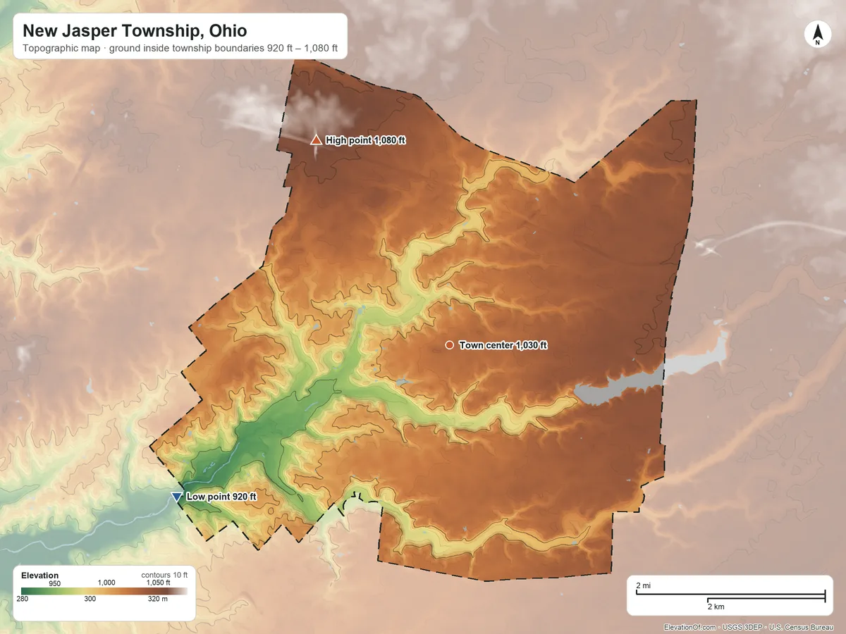 Topographic elevation map of New Jasper Township, Ohio, shaded from 920 ft on the southwest side to 1,080 ft on the northwest side
