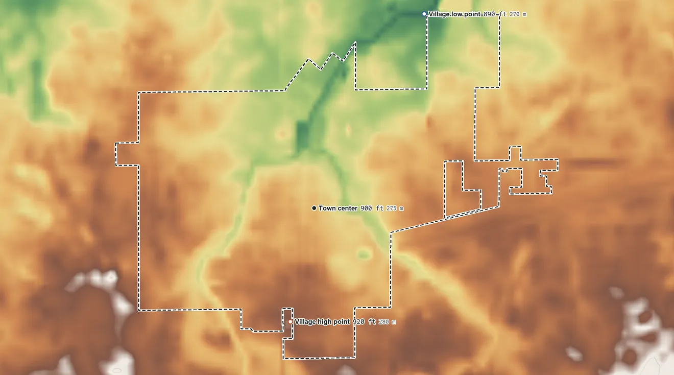 Topographic elevation map of New Knoxville, Ohio, shaded from 890 ft on the northeast side to 920 ft on the south side