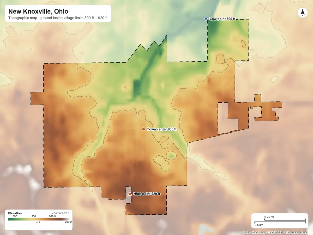 Topographic elevation map of New Knoxville, Ohio, shaded from 890 ft on the northeast side to 920 ft on the south side