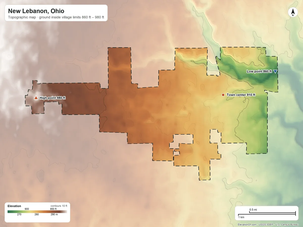 Topographic elevation map of New Lebanon, Ohio, shaded from 860 ft on the northeast side to 980 ft on the west side