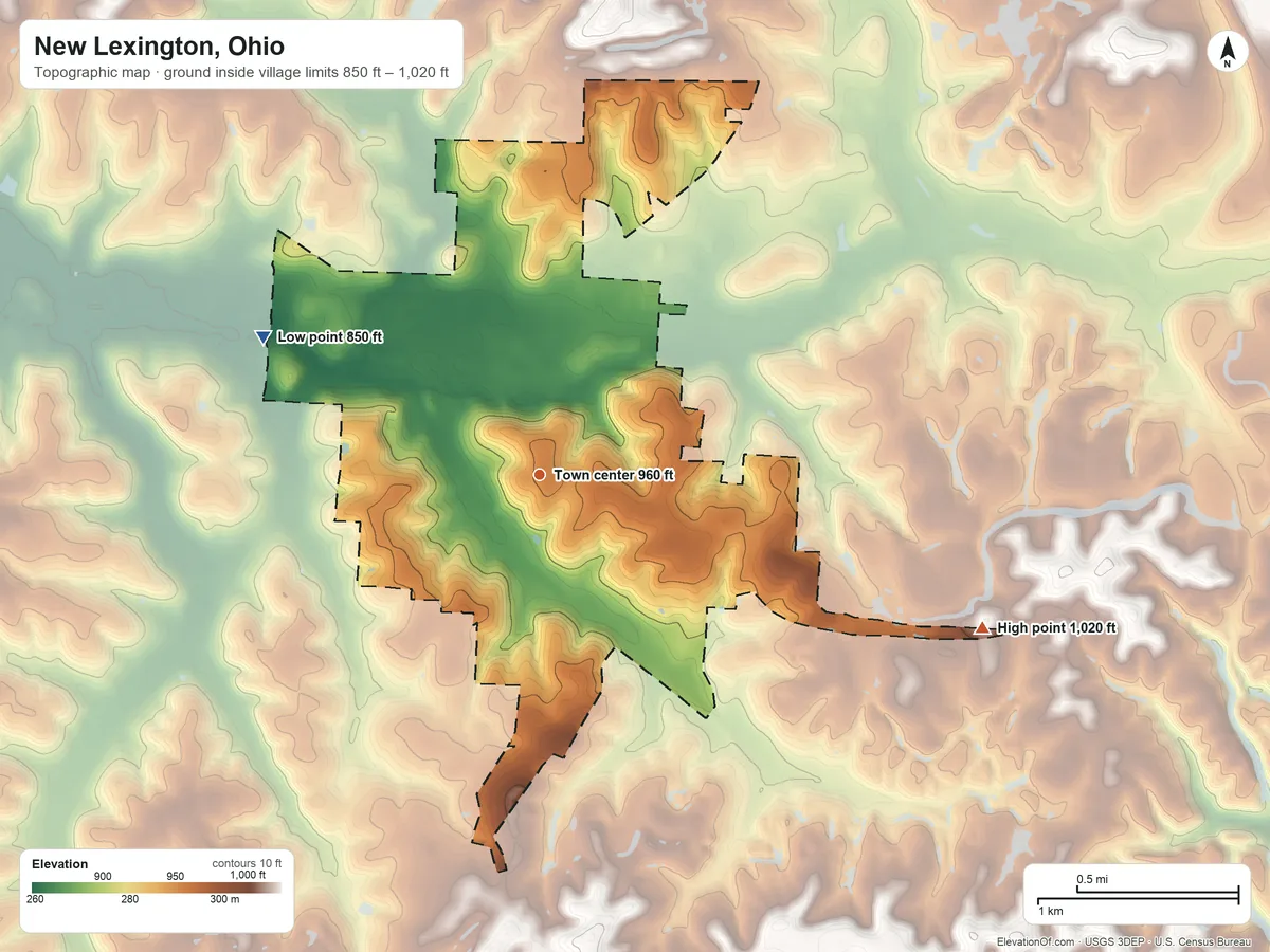 Topographic elevation map of New Lexington, Ohio, shaded from 850 ft on the northwest side to 1,020 ft on the east side