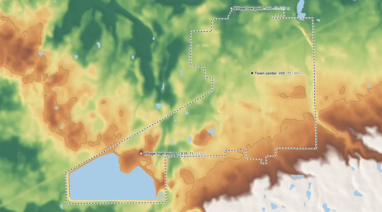 Topographic elevation map of New London, Ohio, shaded from 960 ft on the north side to 1,030 ft on the southwest side