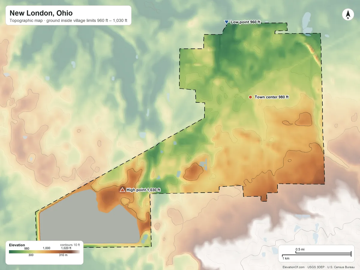 Topographic elevation map of New London, Ohio, shaded from 960 ft on the north side to 1,030 ft on the southwest side