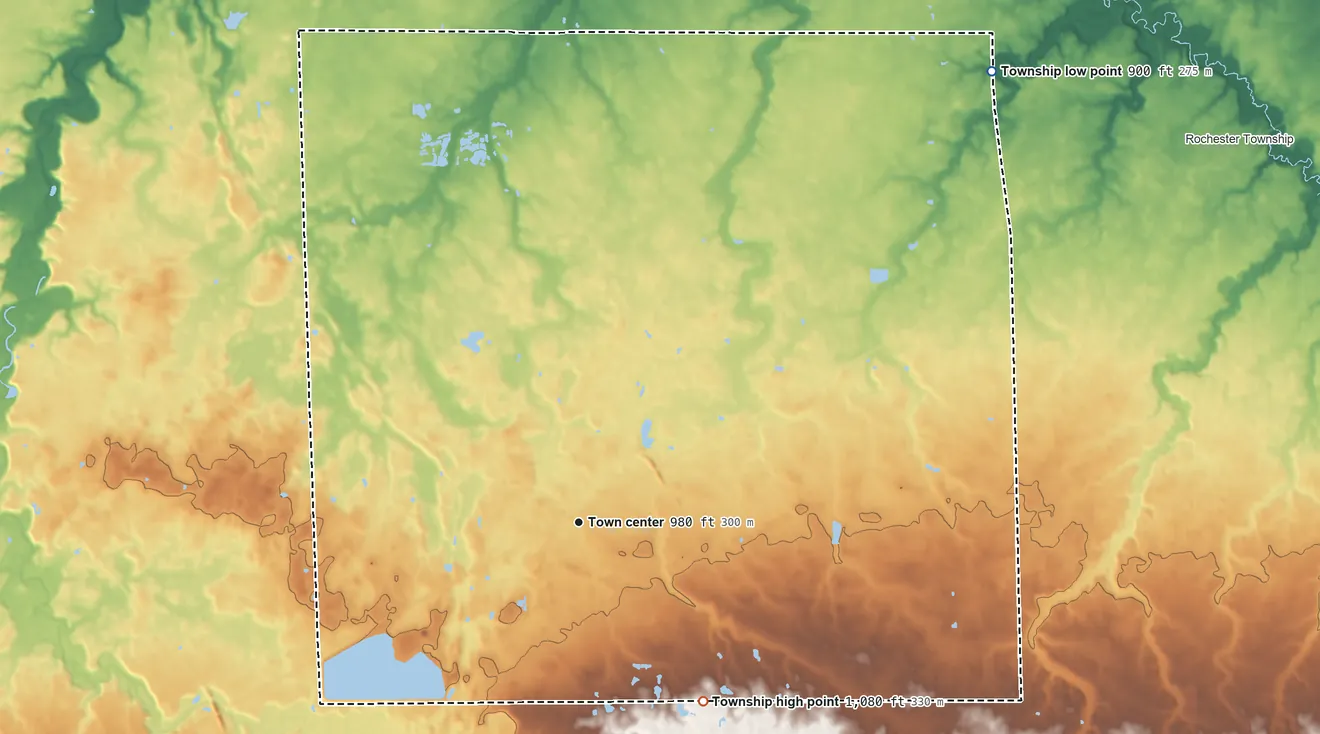 Topographic elevation map of New London Township, Ohio, shaded from 900 ft on the northeast side to 1,080 ft on the southeast side