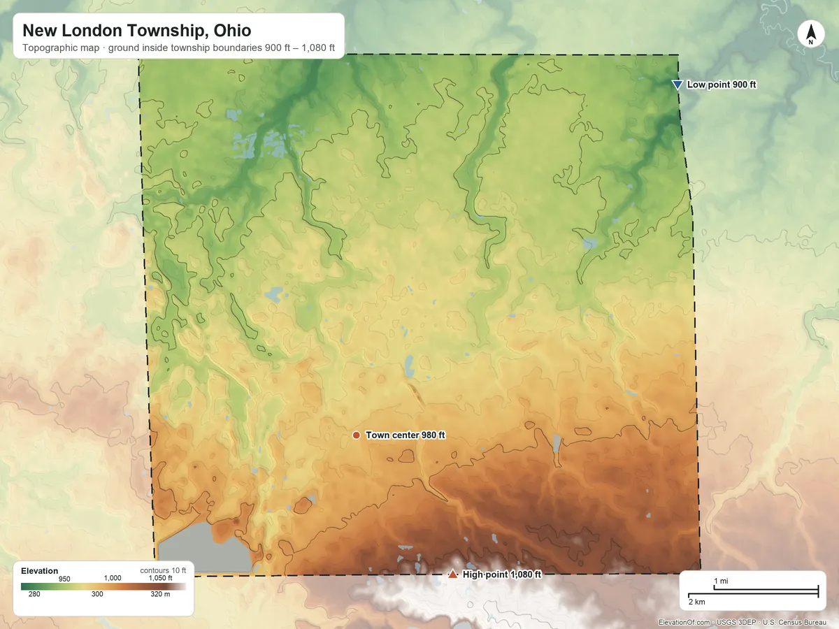 Topographic elevation map of New London Township, Ohio, shaded from 900 ft on the northeast side to 1,080 ft on the southeast side