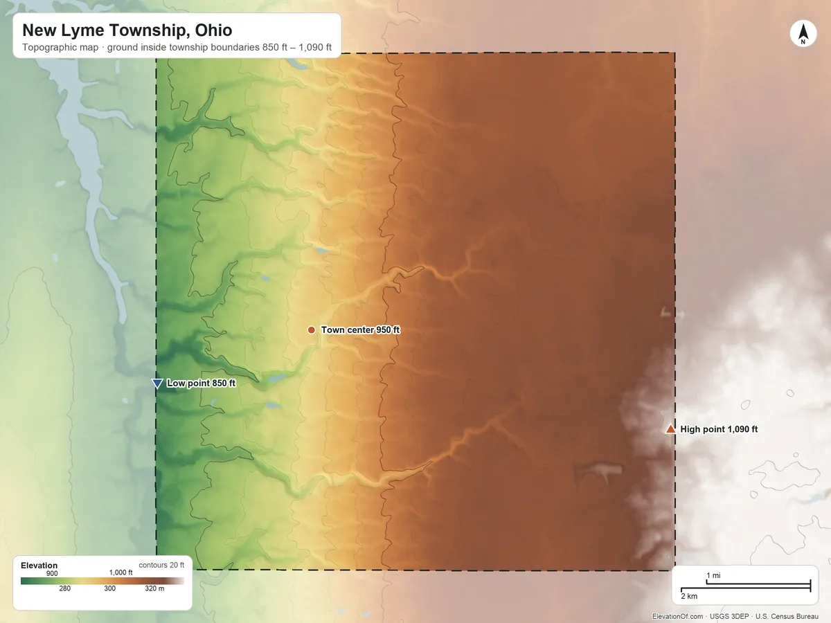 Topographic elevation map of New Lyme Township, Ohio, shaded from 850 ft on the west side to 1,090 ft on the east side