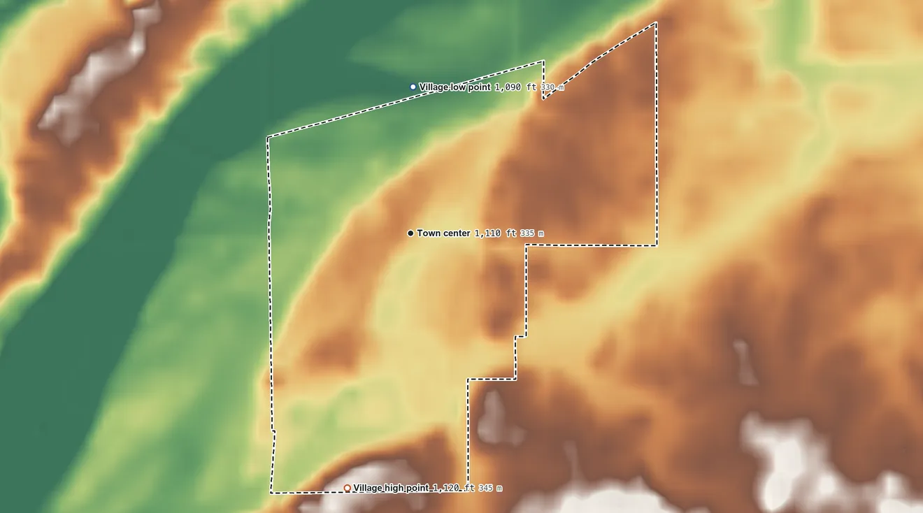 Topographic elevation map of New Madison, Ohio, shaded from 1,090 ft on the north side to 1,120 ft on the south side