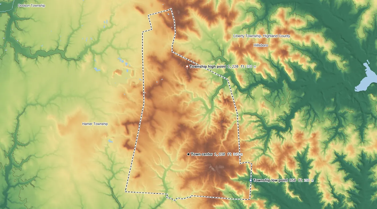 Topographic elevation map of New Market Township, Ohio, shaded from 950 ft on the southeast side to 1,220 ft on the north side