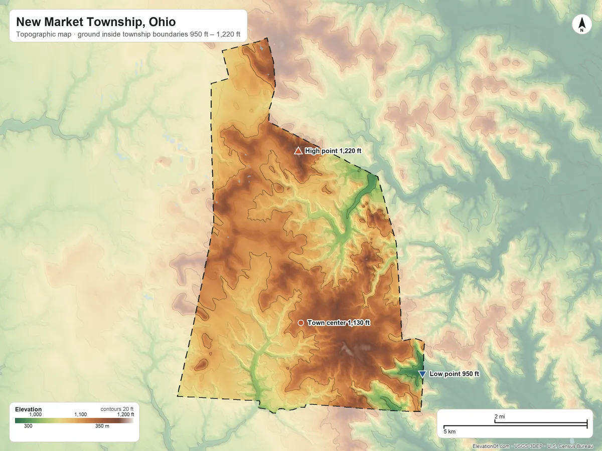 Topographic elevation map of New Market Township, Ohio, shaded from 950 ft on the southeast side to 1,220 ft on the north side