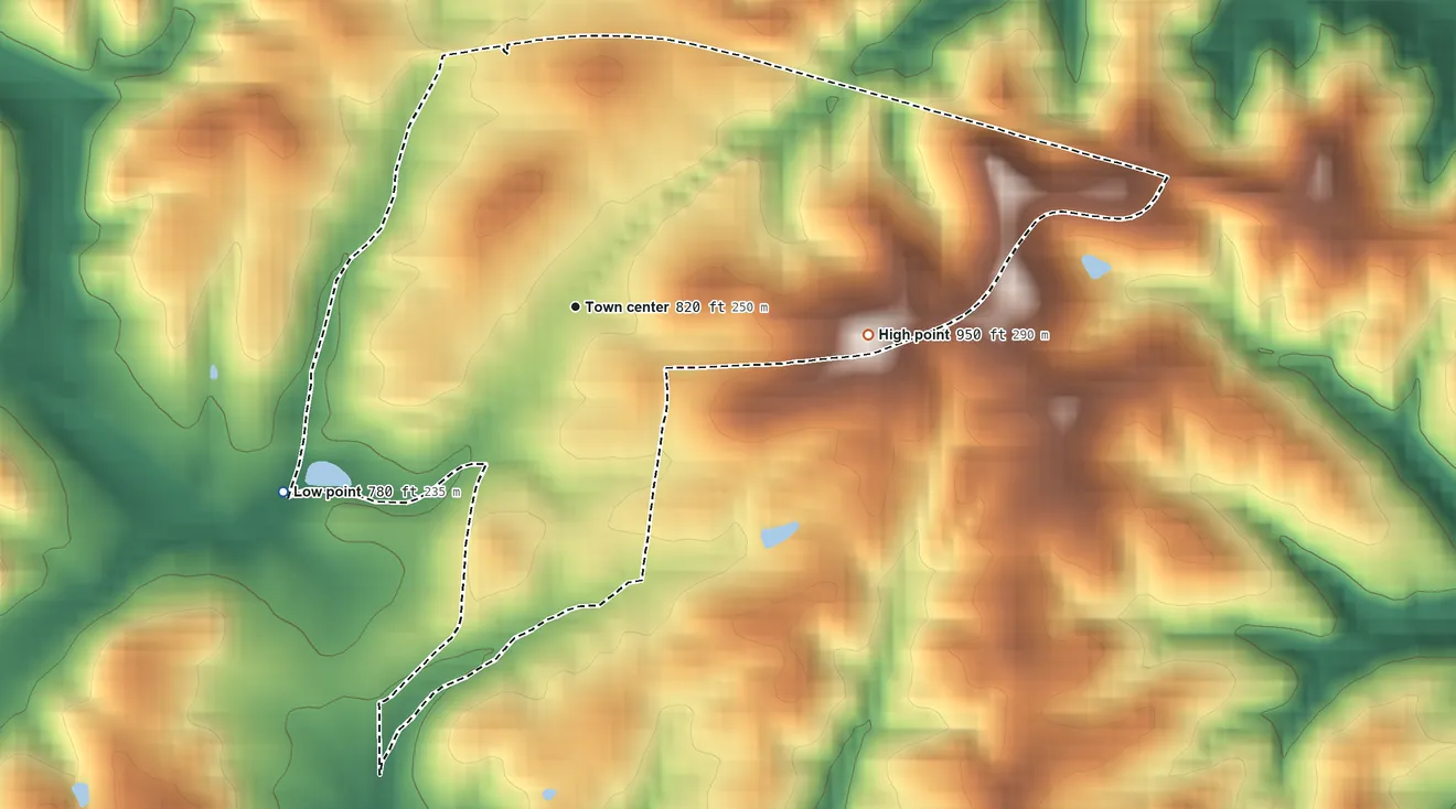 Topographic elevation map of New Marshfield, Ohio, shaded from 780 ft on the southwest side to 950 ft on the east side