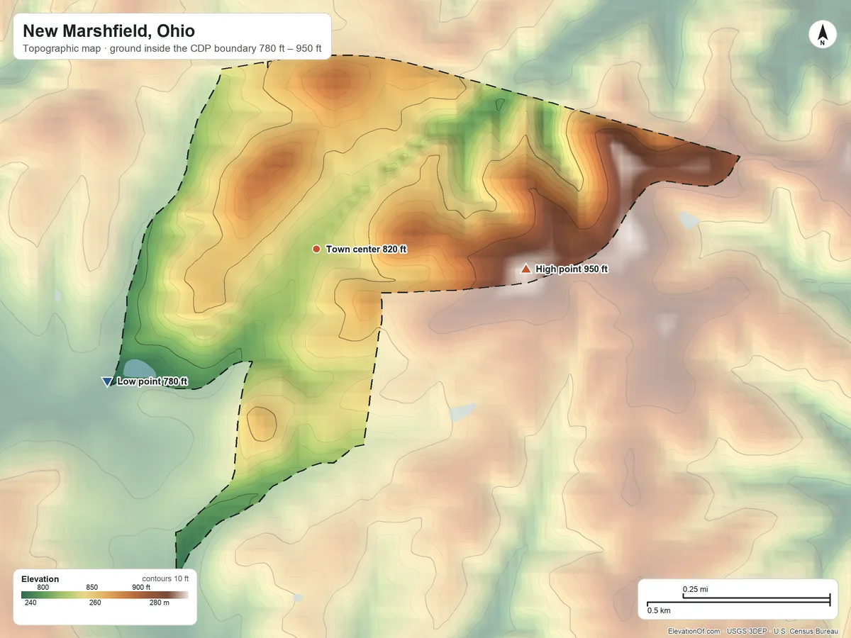 Topographic elevation map of New Marshfield, Ohio, shaded from 780 ft on the southwest side to 950 ft on the east side
