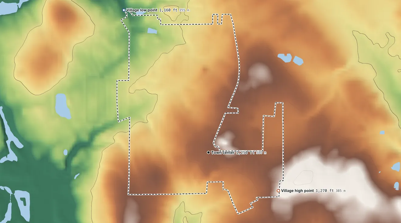 Topographic elevation map of New Middletown, Ohio, shaded from 1,160 ft on the northwest side to 1,270 ft on the southeast side