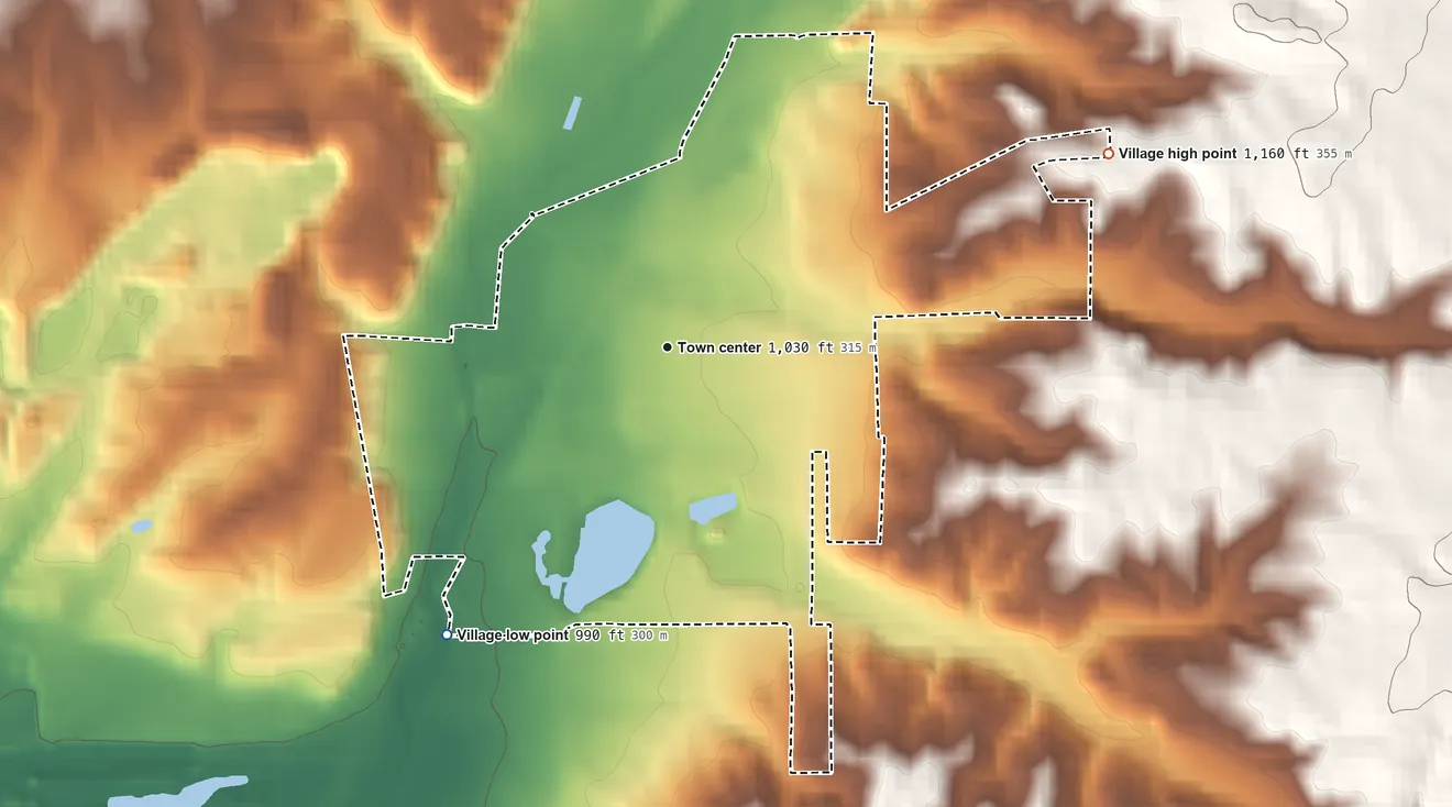 Topographic elevation map of New Paris, Ohio, shaded from 990 ft on the southwest side to 1,160 ft on the northeast side