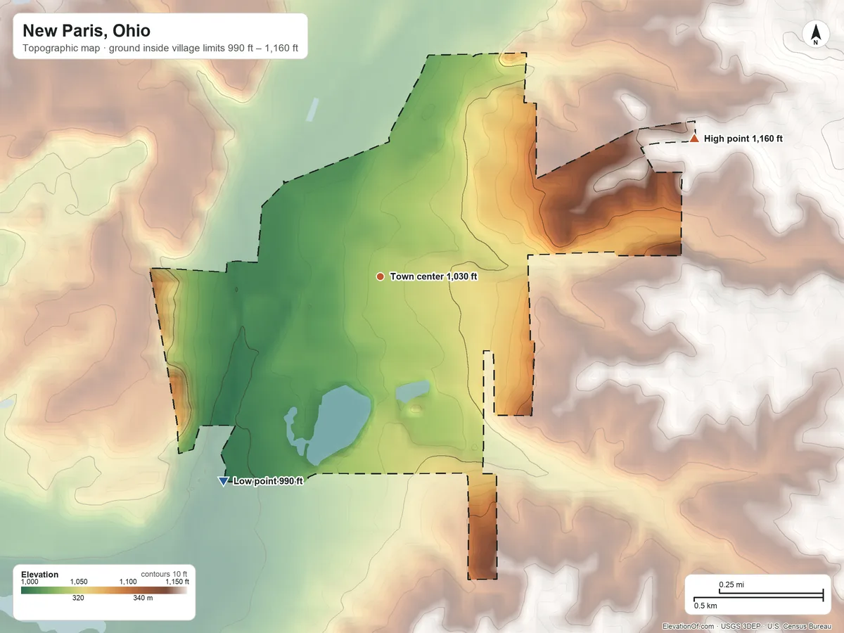Topographic elevation map of New Paris, Ohio, shaded from 990 ft on the southwest side to 1,160 ft on the northeast side