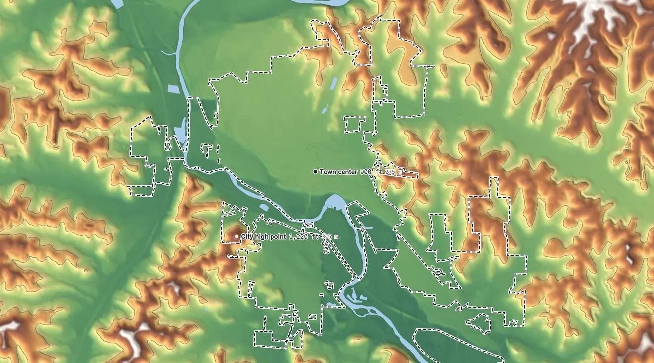 Topographic elevation map of New Philadelphia, Ohio, shaded from 840 ft on the southeast side to 1,220 ft on the southwest side