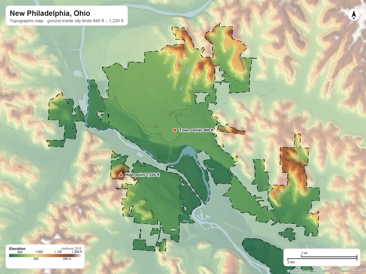 Topographic elevation map of New Philadelphia, Ohio, shaded from 840 ft on the southeast side to 1,220 ft on the southwest side