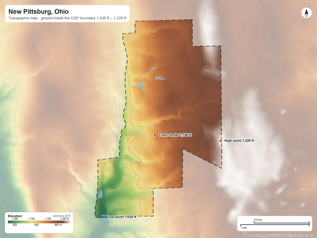 Topographic elevation map of New Pittsburg, Ohio, shaded from 1,030 ft on the southwest side to 1,220 ft on the east side