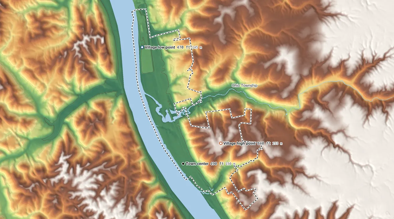 Topographic elevation map of New Richmond, Ohio, shaded from 470 ft on the north side to 840 ft on the northeast side