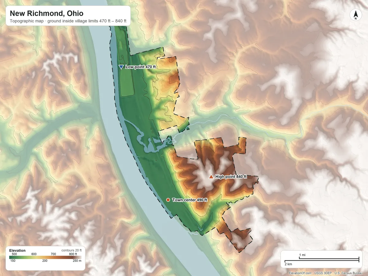 Topographic elevation map of New Richmond, Ohio, shaded from 470 ft on the north side to 840 ft on the northeast side