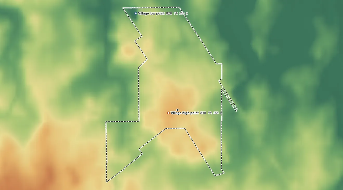 Topographic elevation map of New Riegel, Ohio, shaded from 820 ft on the northwest side to 830 ft near the middle