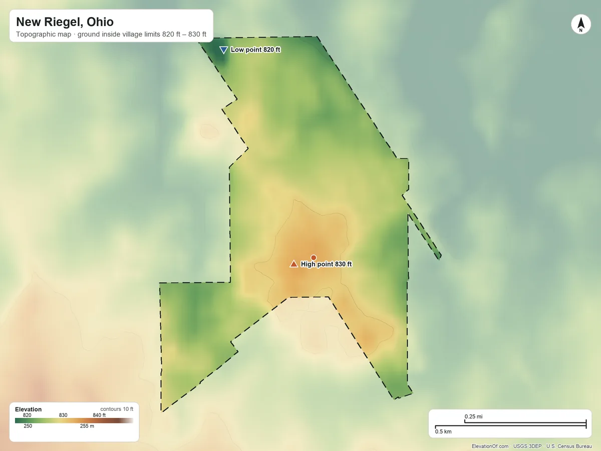 Topographic elevation map of New Riegel, Ohio, shaded from 820 ft on the northwest side to 830 ft near the middle