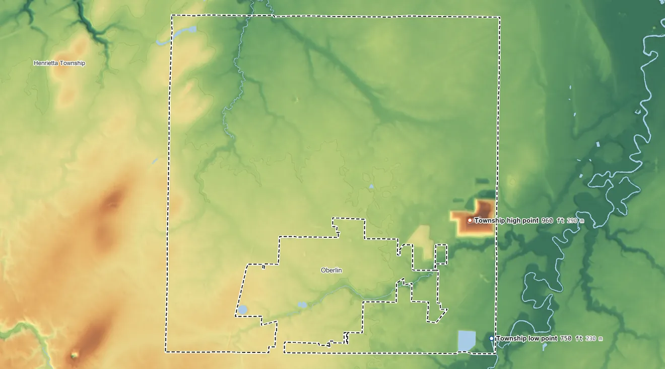 Topographic elevation map of New Russia Township, Ohio, shaded from 750 ft on the southeast side to 960 ft on the southeast side