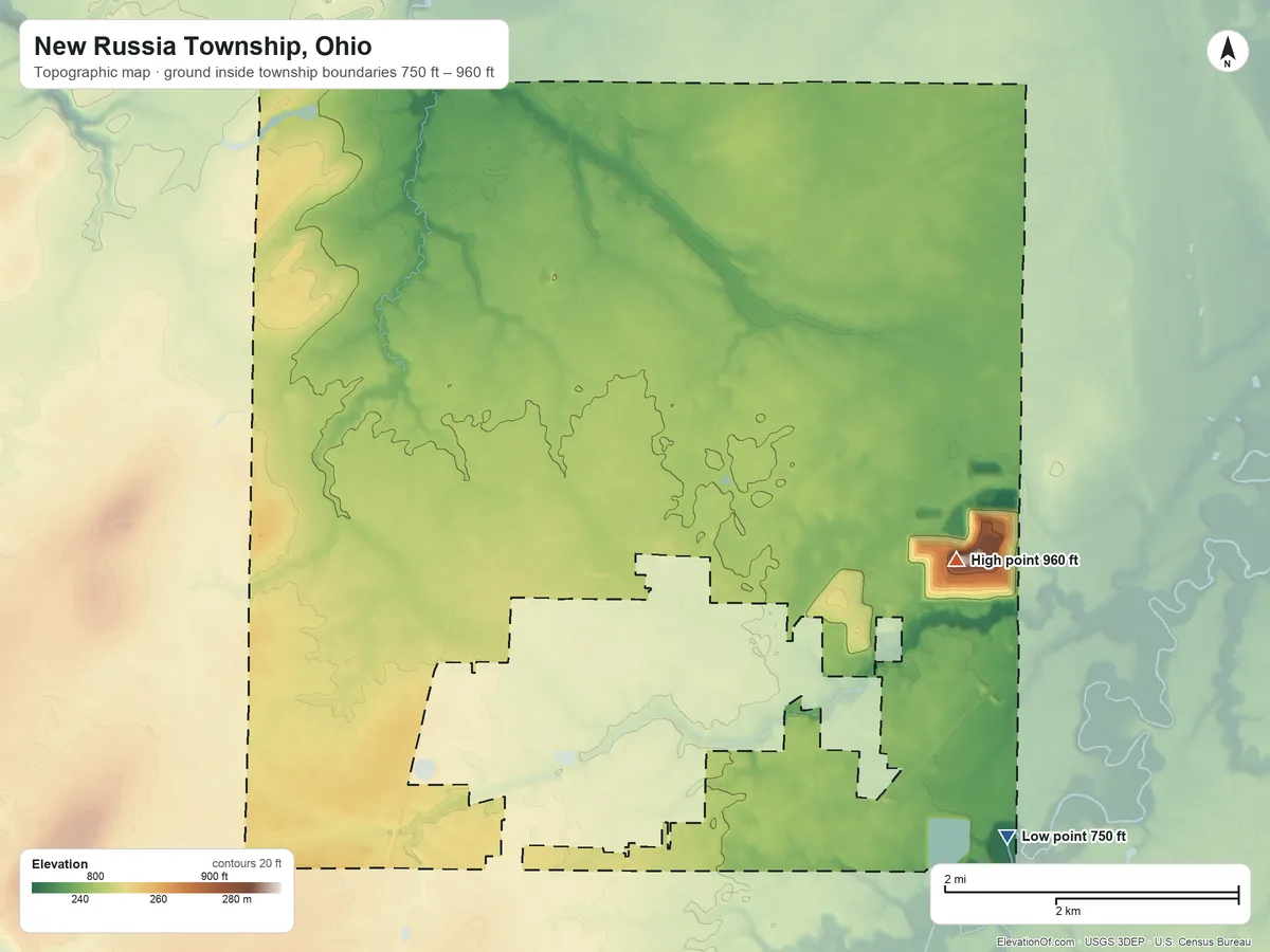 Topographic elevation map of New Russia Township, Ohio, shaded from 750 ft on the southeast side to 960 ft on the southeast side