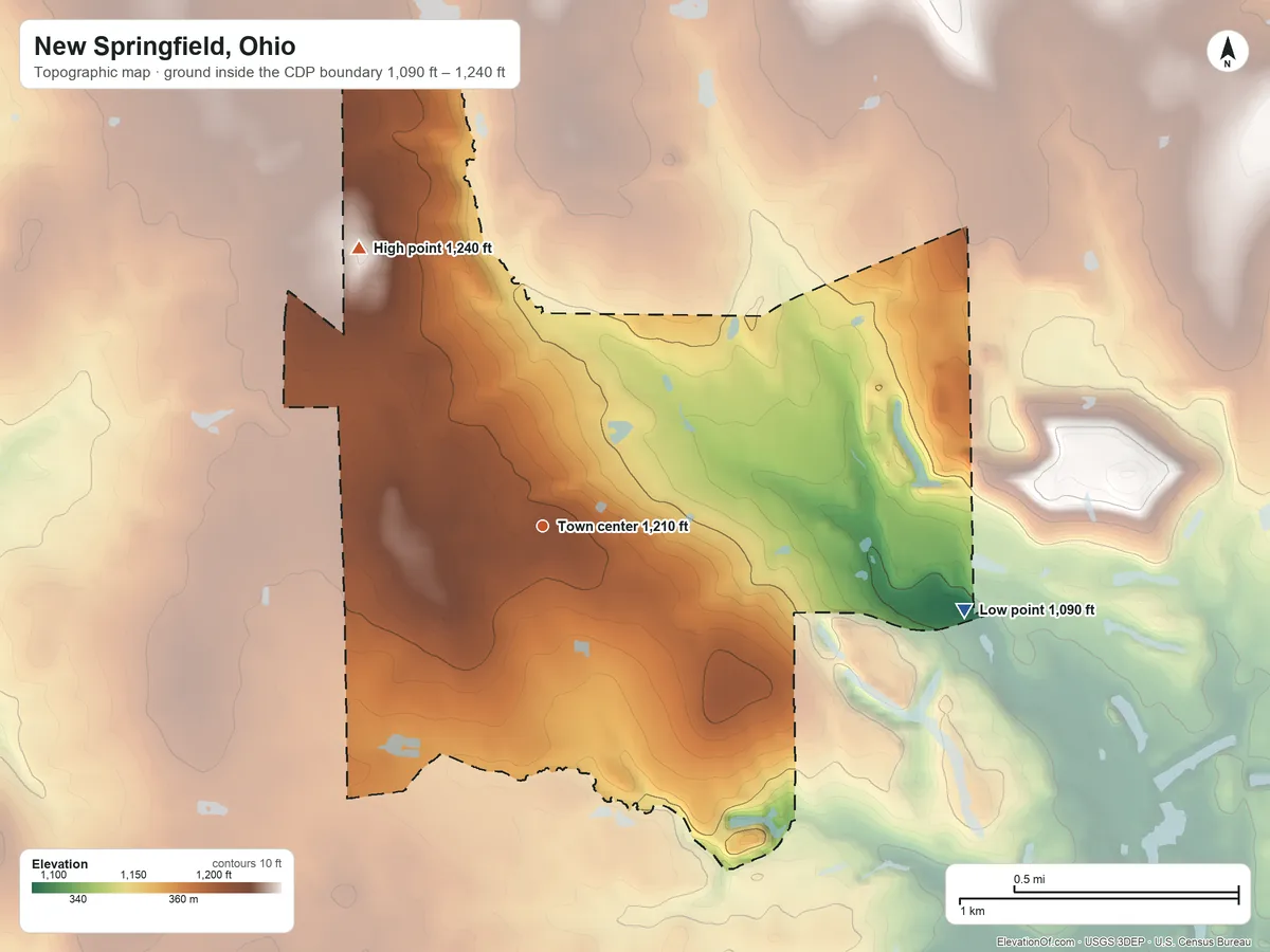 Topographic elevation map of New Springfield, Ohio, shaded from 1,090 ft on the east side to 1,240 ft on the northwest side