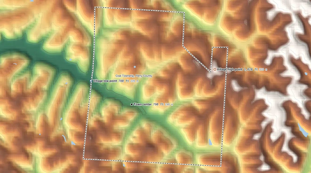 Topographic elevation map of New Straitsville, Ohio, shaded from 780 ft on the northwest side to 1,020 ft on the northeast side
